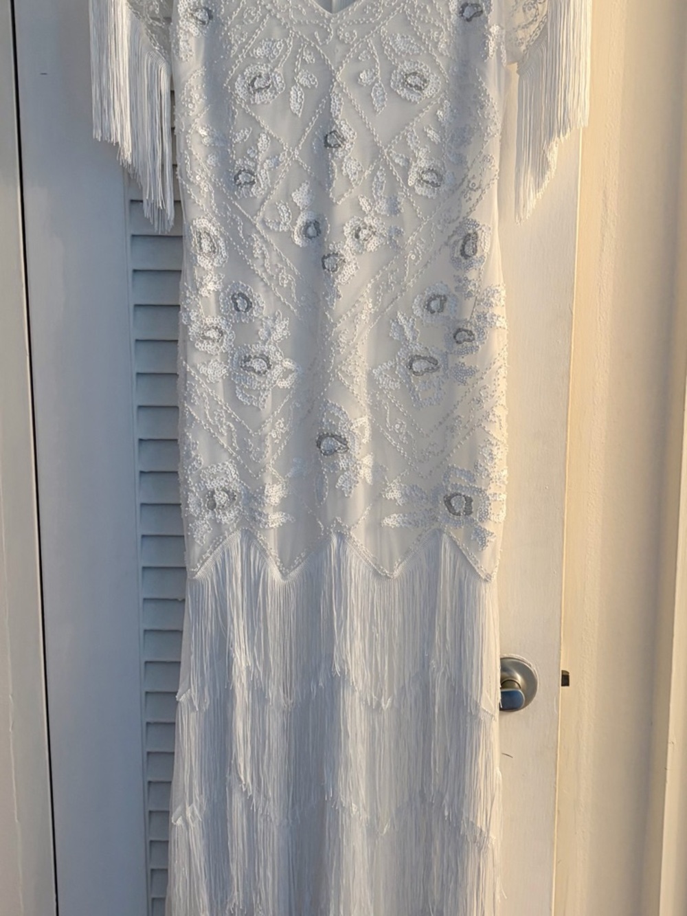 Ivory Beaded Fringe V-Neck Maxi Dress with Floral Appliqué - Picture 5 of 9